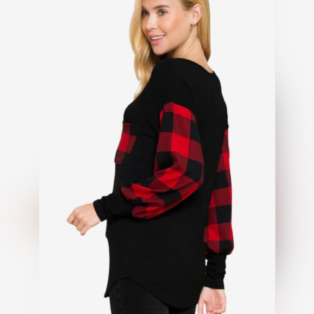 Acting Pro - Solid Black Top with Red Buffalo Plaid Long Sleeves